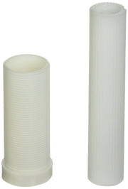 Two white plastic cylindrical tubes with threaded surfaces, one shorter and wider than the other.