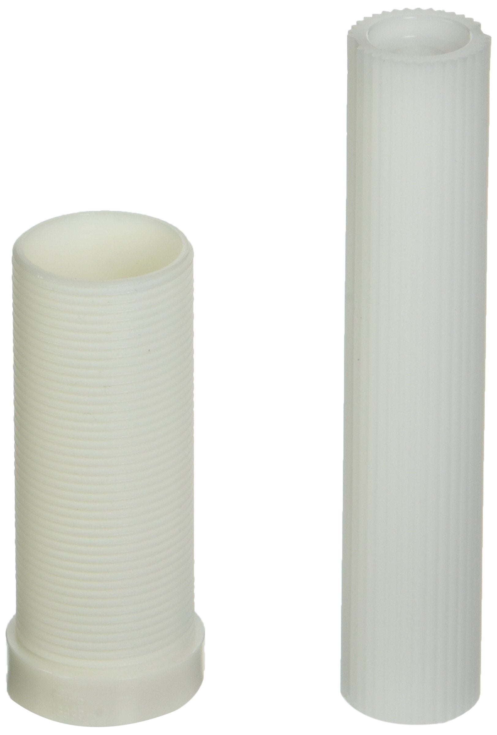 Two white plastic cylindrical tubes with threaded surfaces, one shorter and wider than the other.