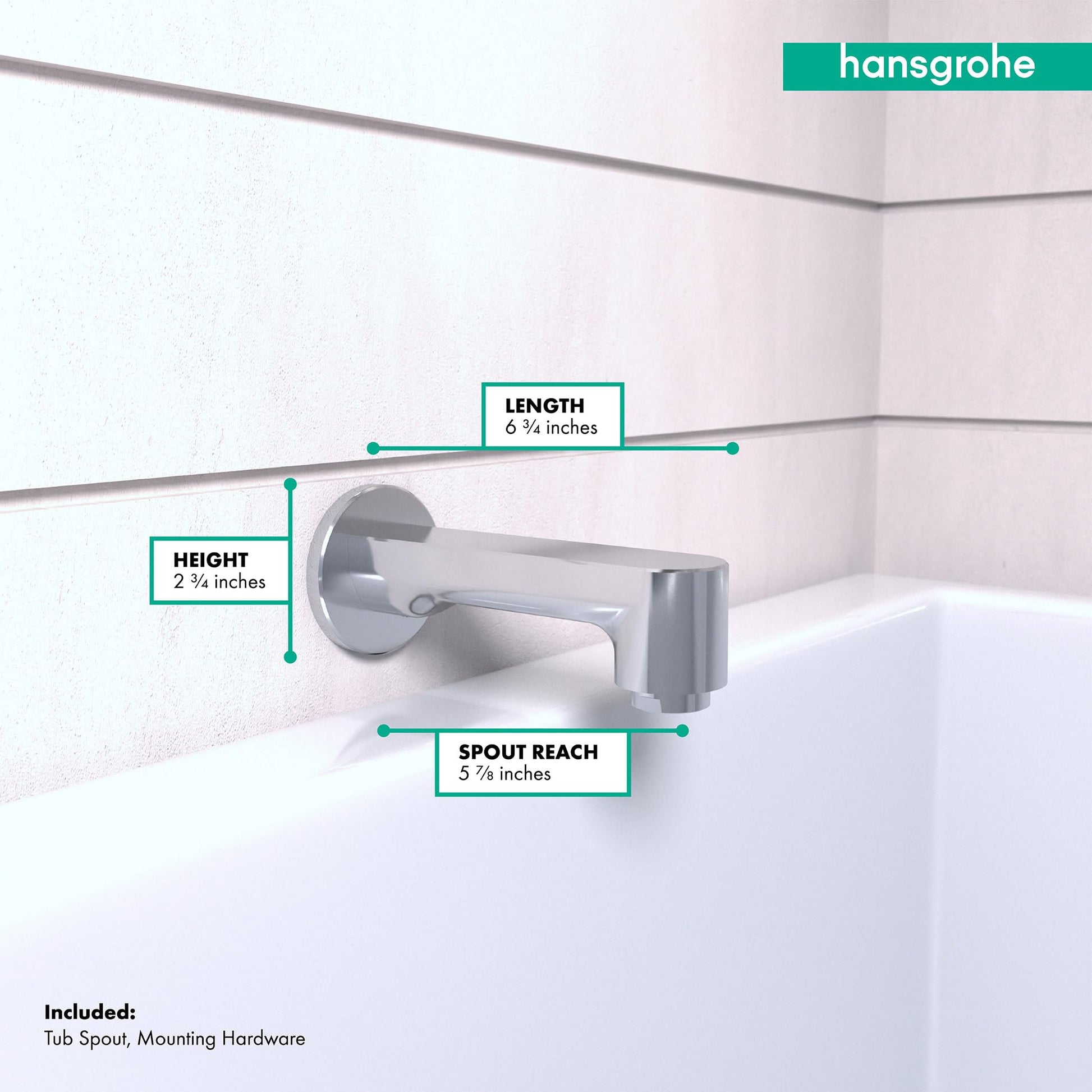 Chrome tub spout with curved angled design mounted on white tile wall above bathtub with dimension measurements.