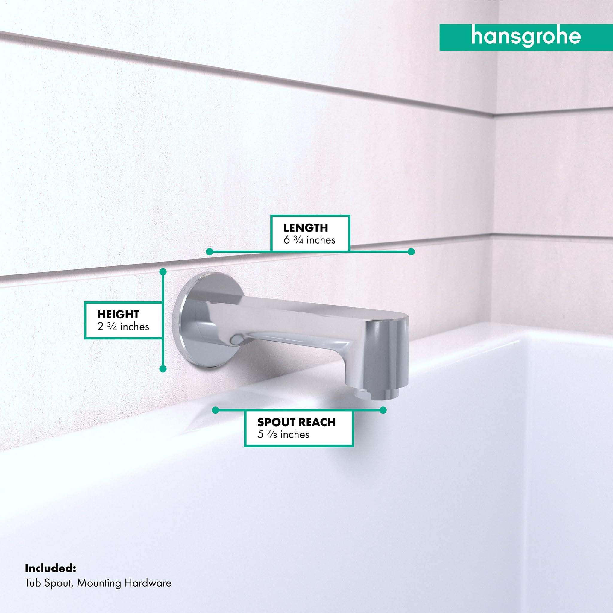 Chrome tub spout with curved angled design mounted on white tile wall above bathtub with dimension measurements.