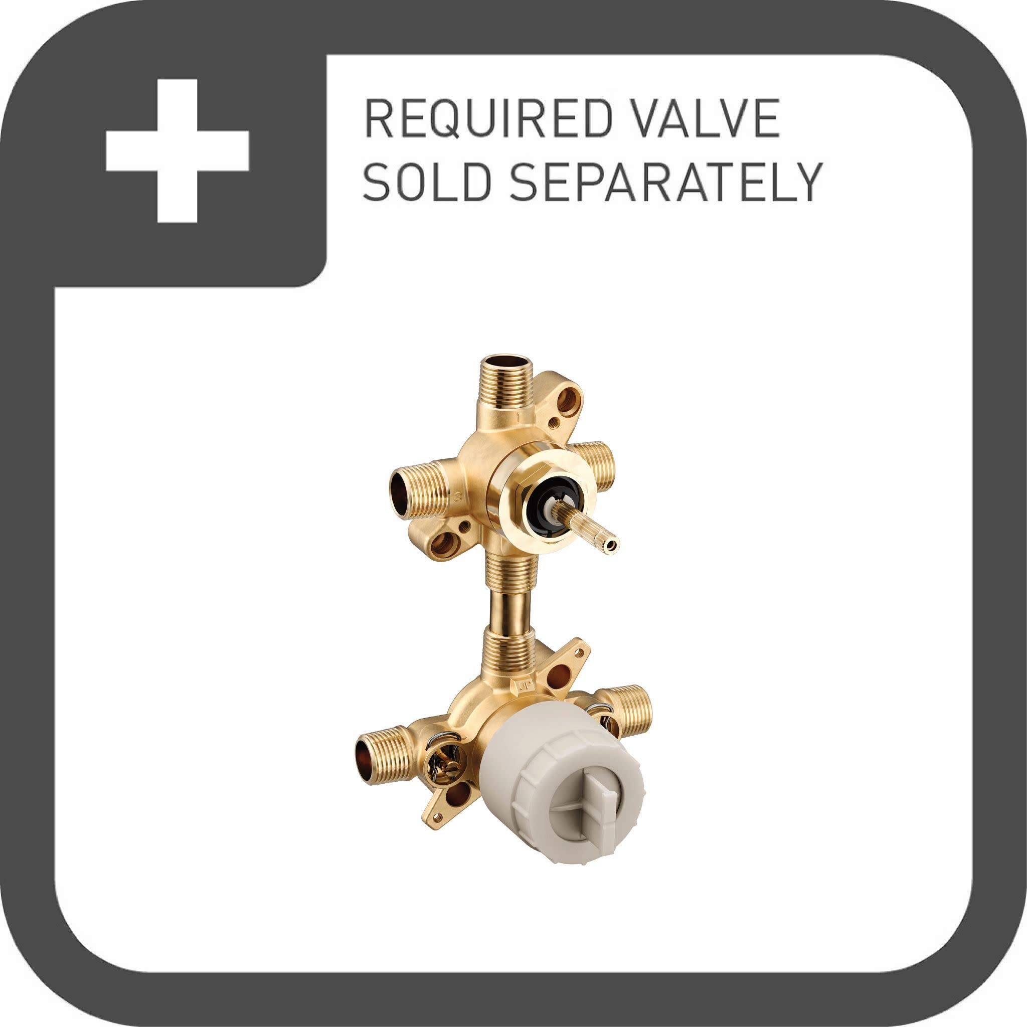Brass shower valve body with integrated transfer valve and white handle, featuring multiple threaded ports for plumbing conne