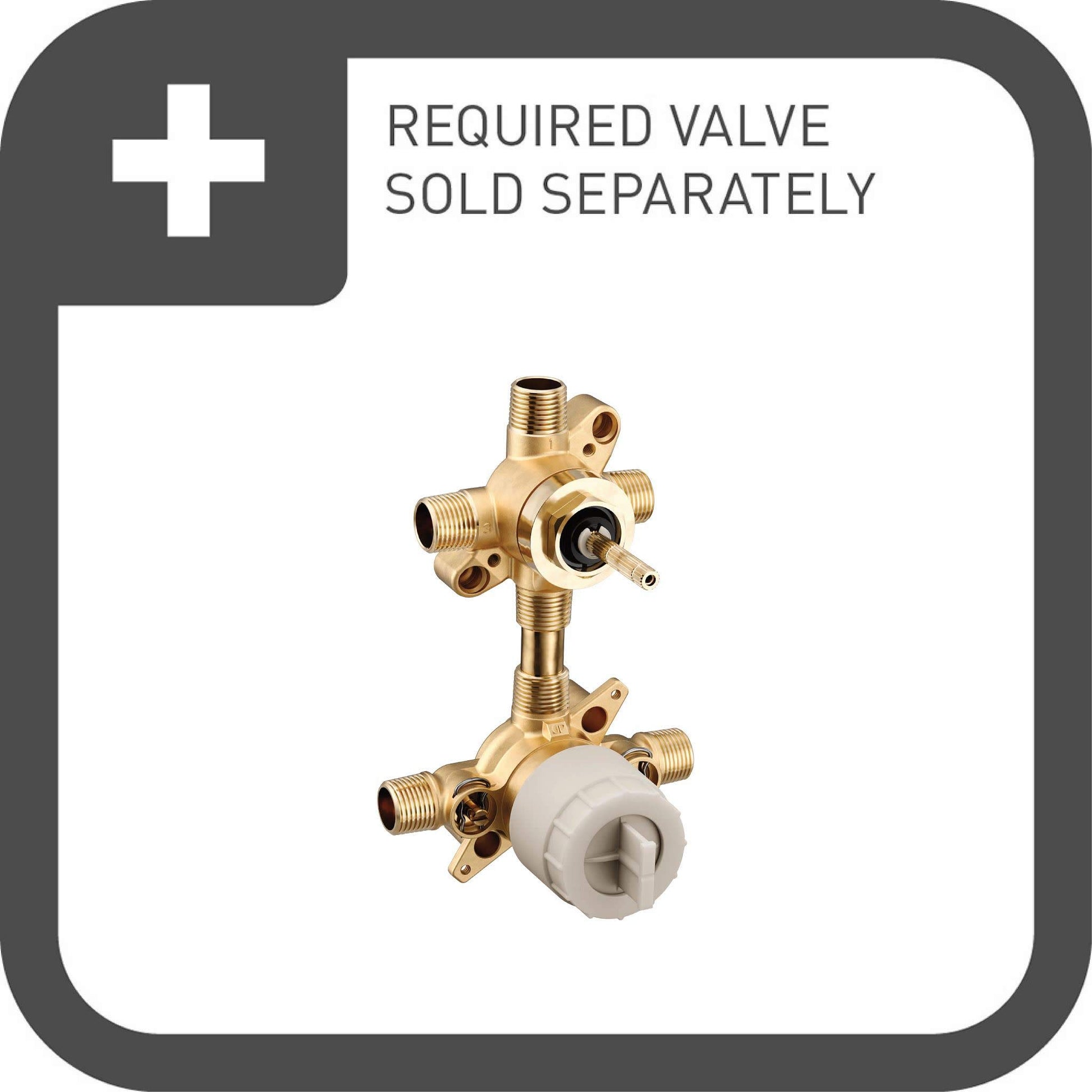 Brass shower valve body with two handle ports and threaded connections, white cartridge valve at bottom.