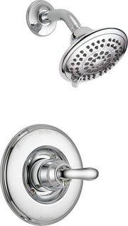 Chrome shower trim with multi-jet showerhead and round valve trim plate with lever handle.