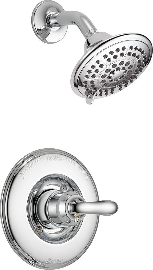 Chrome shower trim with multi-jet showerhead and round valve trim plate with lever handle.