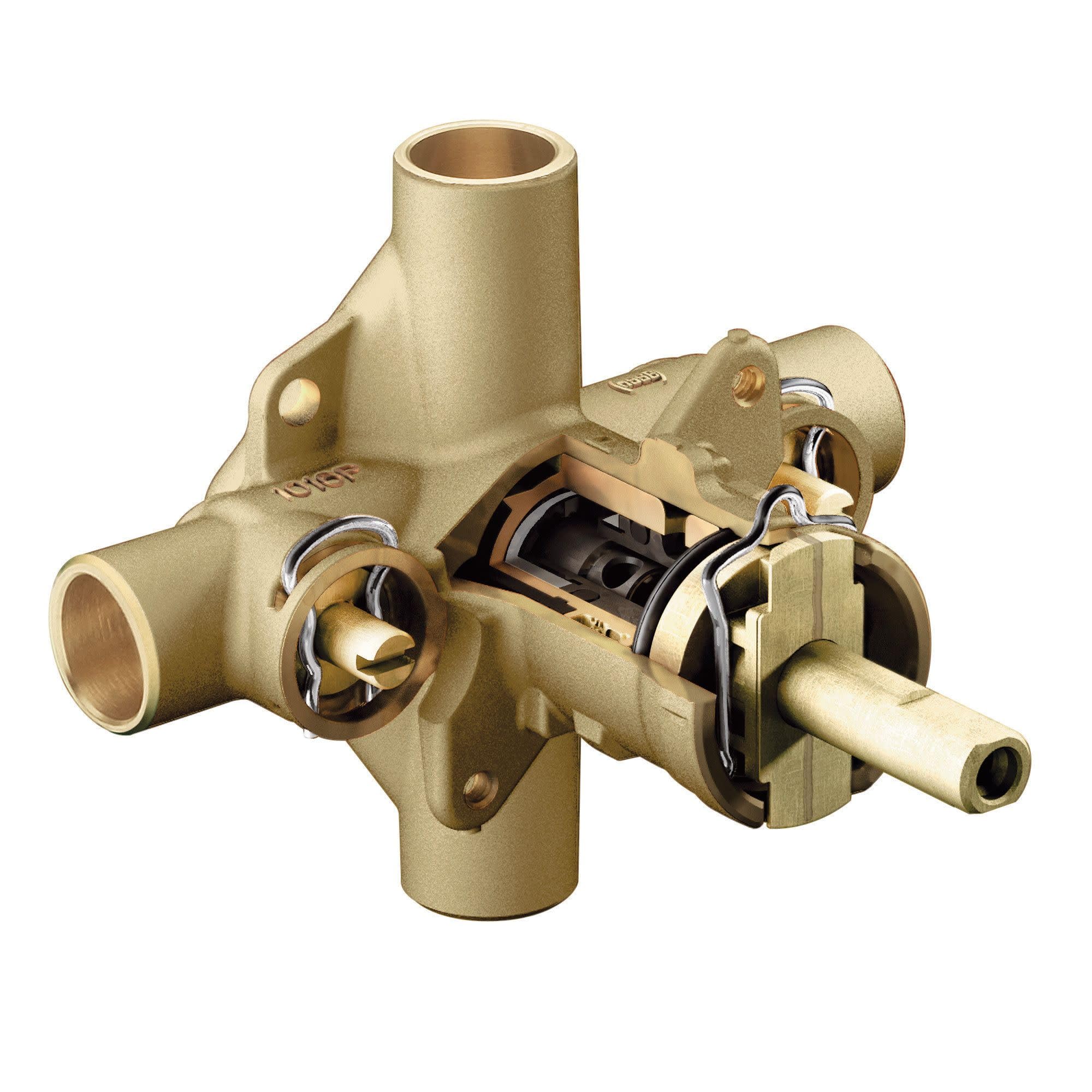 Brass rough-in valve with multiple connection ports, internal cartridge mechanism, and mounting flanges visible.