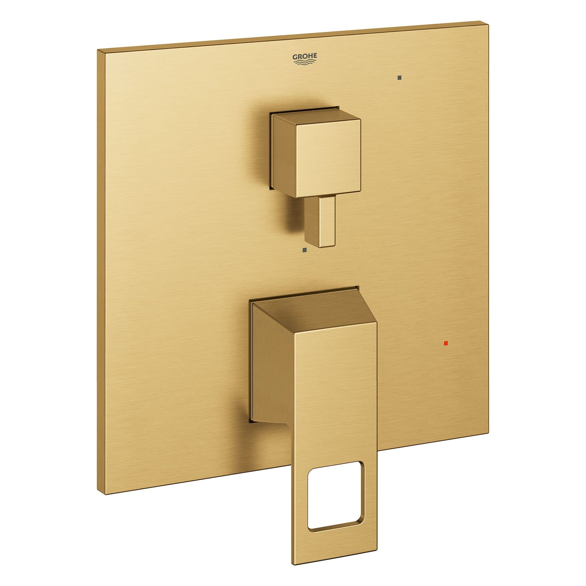 Grohe Eurocube brushed gold pressure balance valve trim with square handles and 2-way diverter cartridge.
