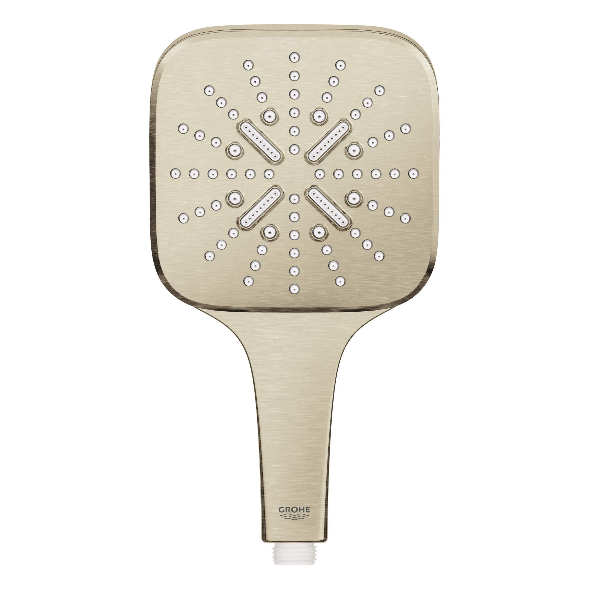 Grohe brushed nickel square hand shower with multiple spray holes and handle.