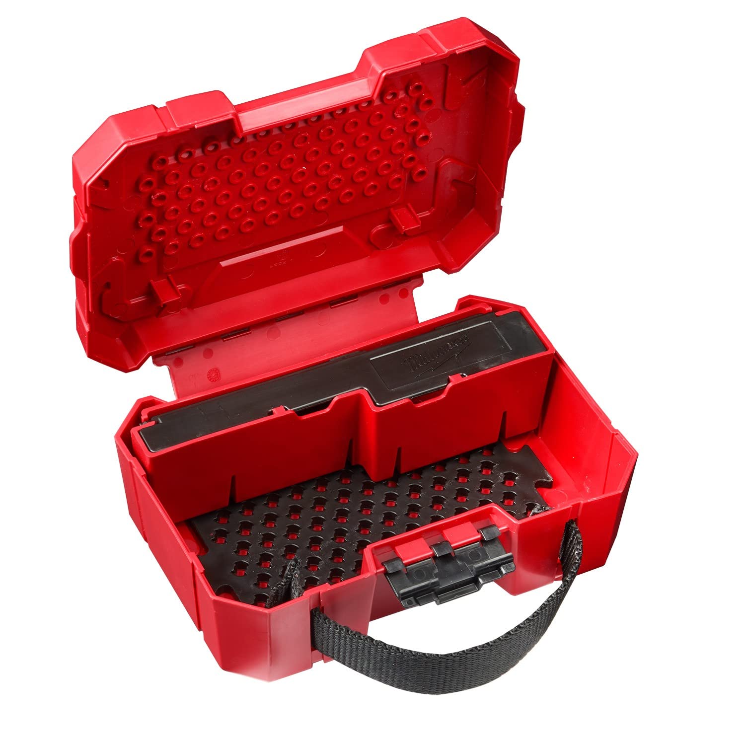 Red plastic tool case with dual compartments, black foam inserts, and carrying handle.
