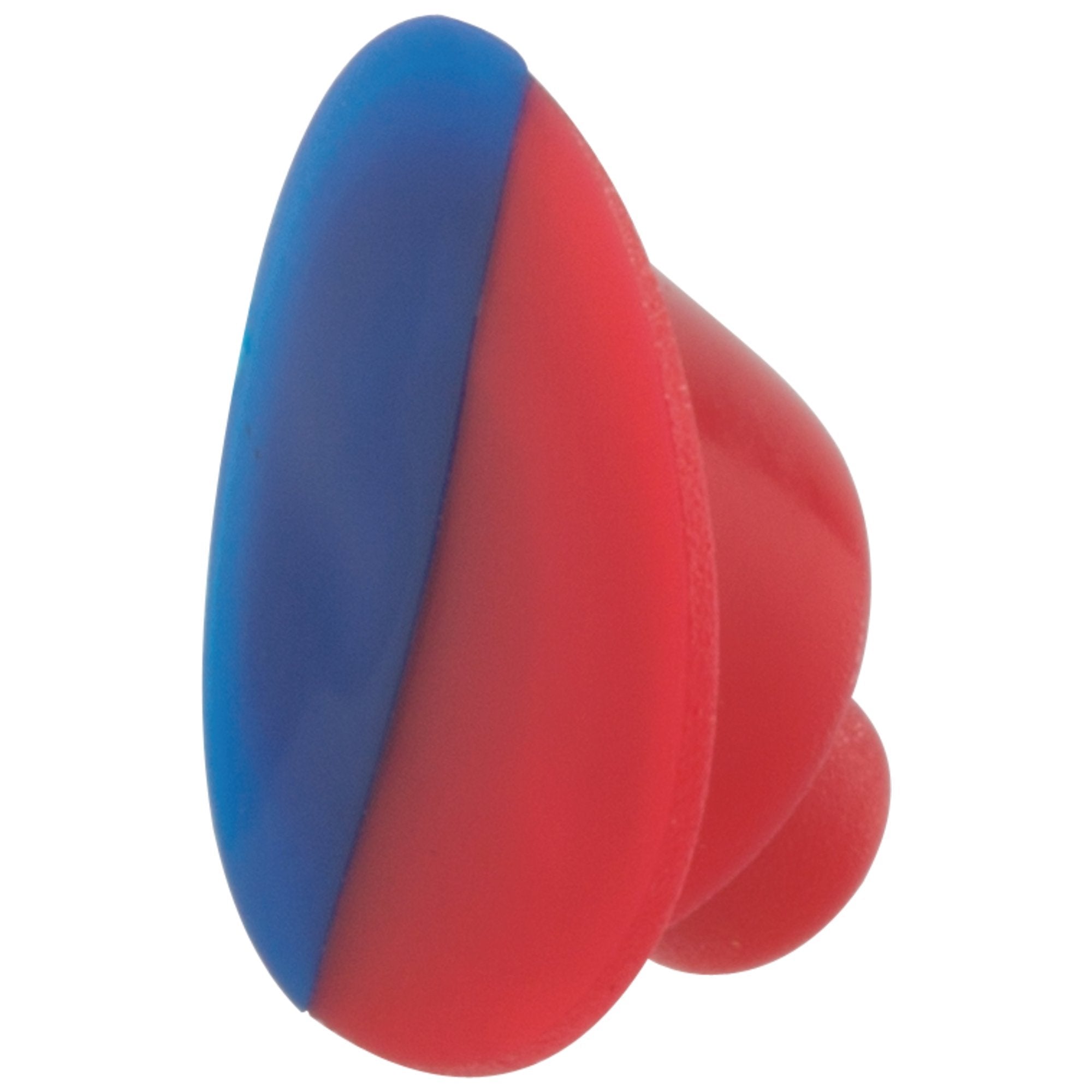 Red and blue dual-colored button with curved, rounded shape and textured surface.