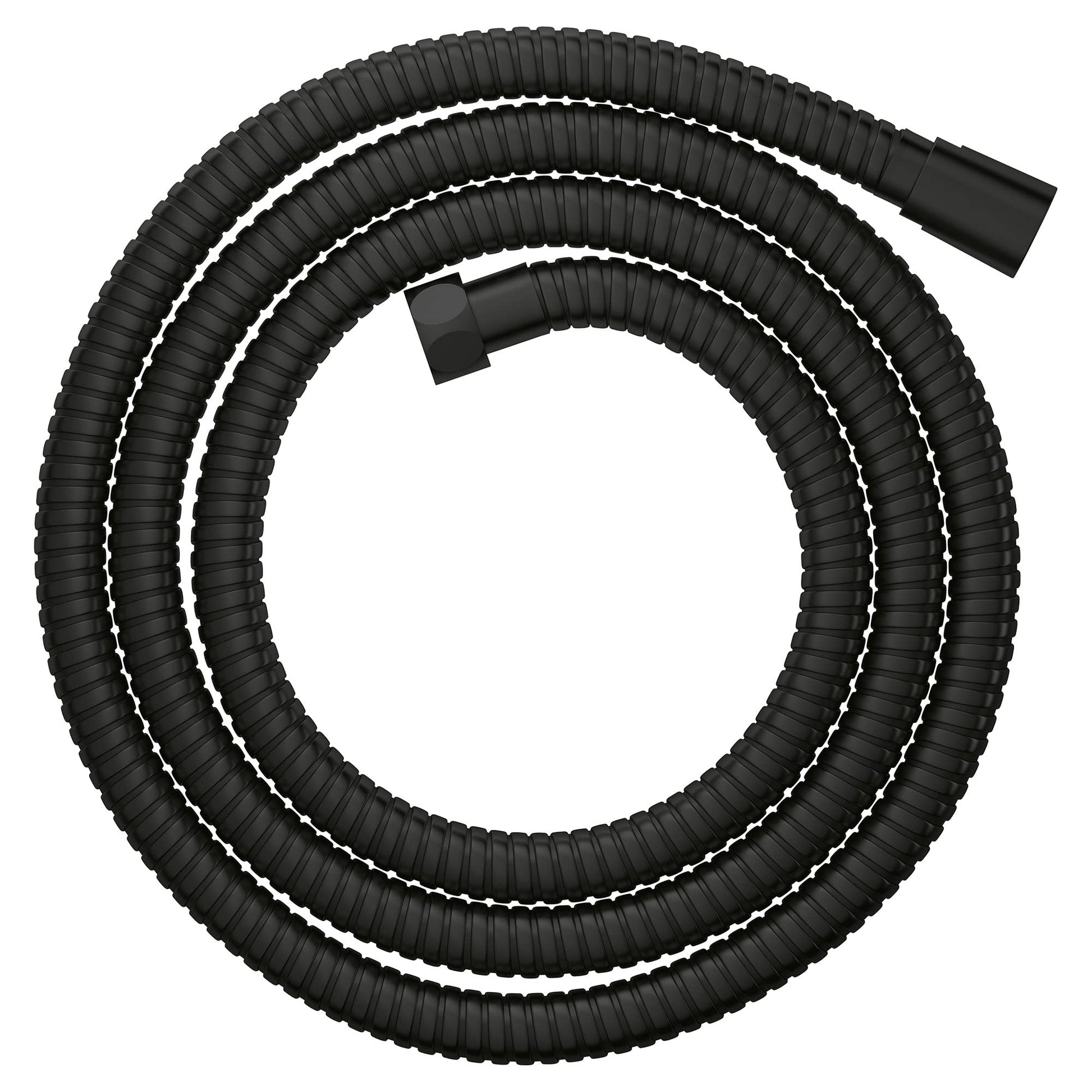 Matte black corrugated shower hose coiled in circular loops with connector fitting at end.