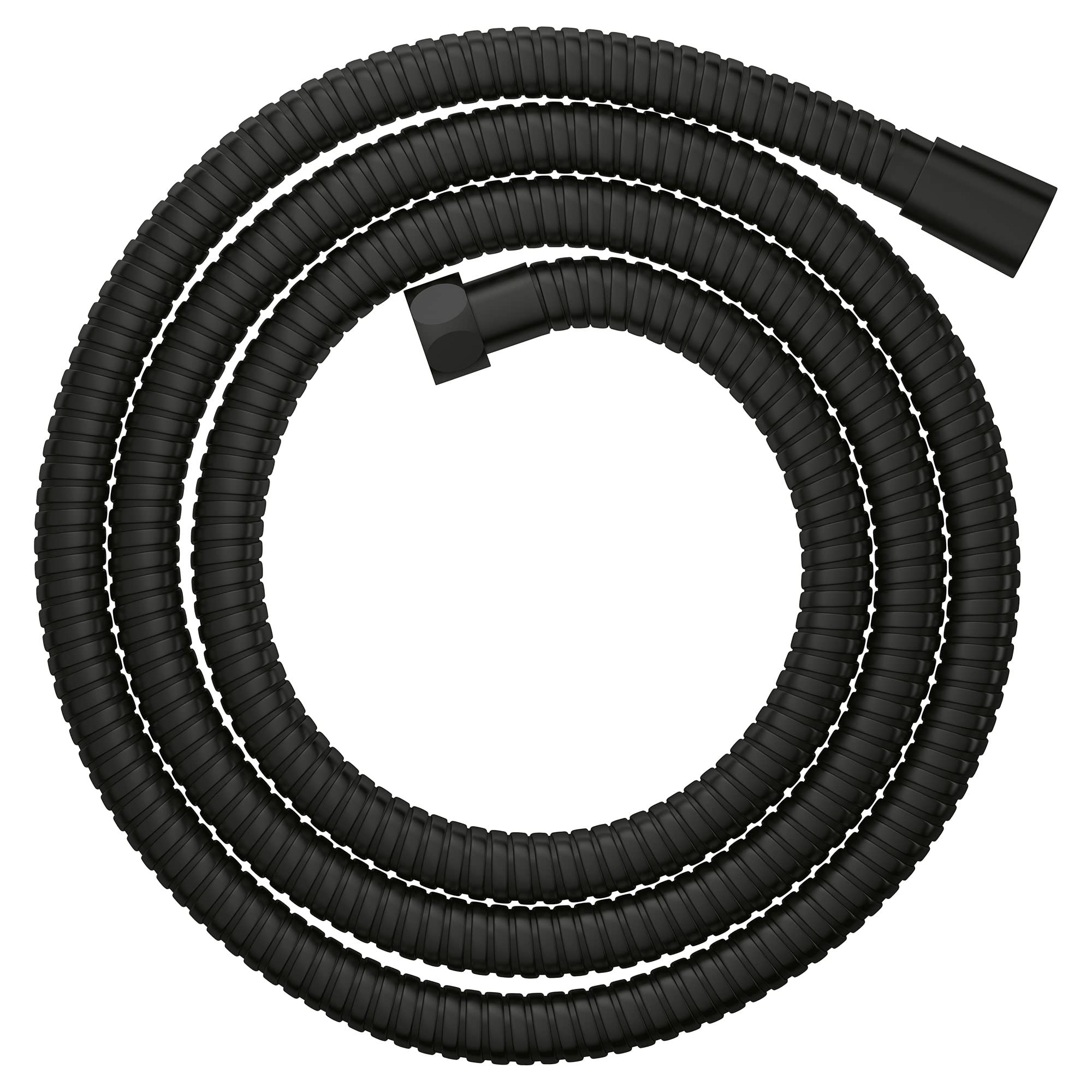 Matte black corrugated shower hose coiled in circular loops with connector fitting at end.