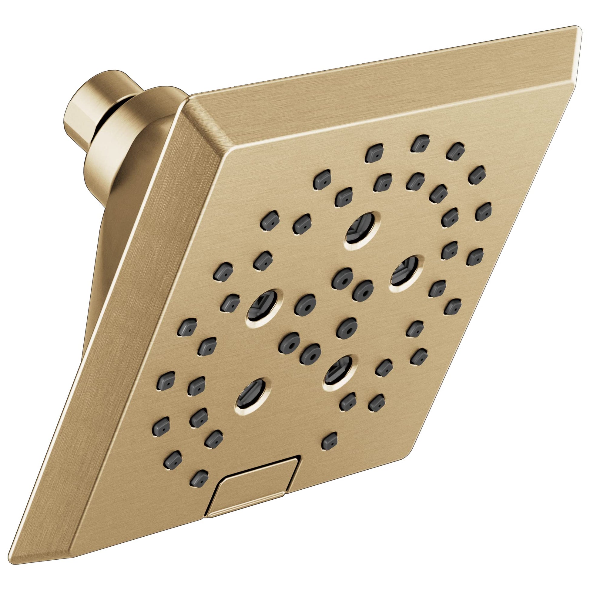 Square champagne bronze raincan shower head with multiple spray jets and angular arm connector.
