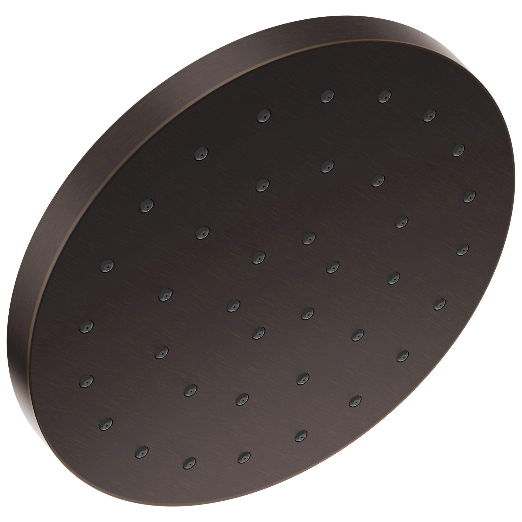 Round bronze shower head with multiple spray holes across flat face and curved rim.