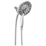 Chrome two-in-one shower head with round design, multiple spray holes, and detachable handheld wand with hose.