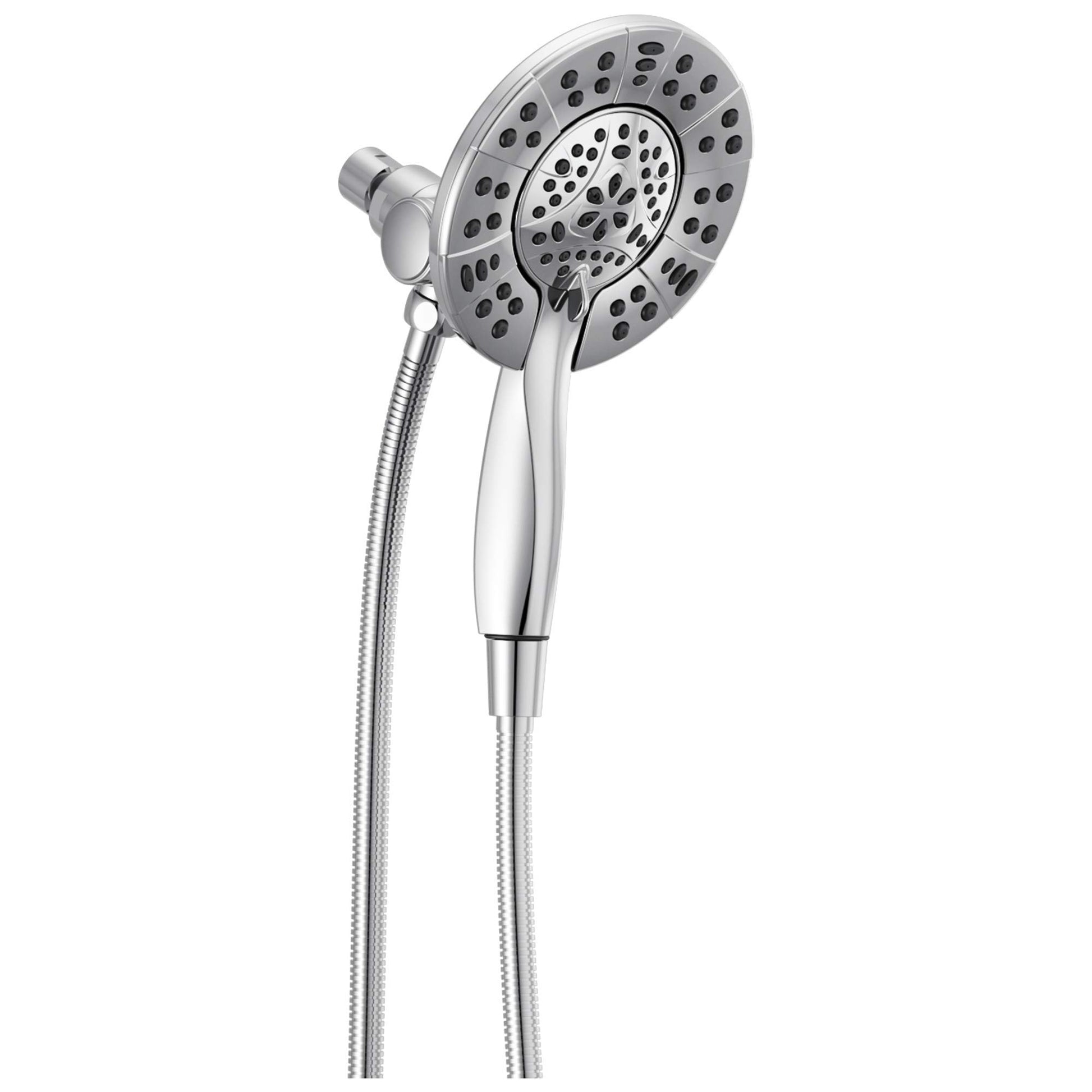 Chrome two-in-one shower head with round design, multiple spray holes, and detachable handheld wand with hose.