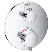 Grohe Grohtherm chrome thermostatic valve trim with two round handles and temperature dial displaying Fahrenheit and Celsius.