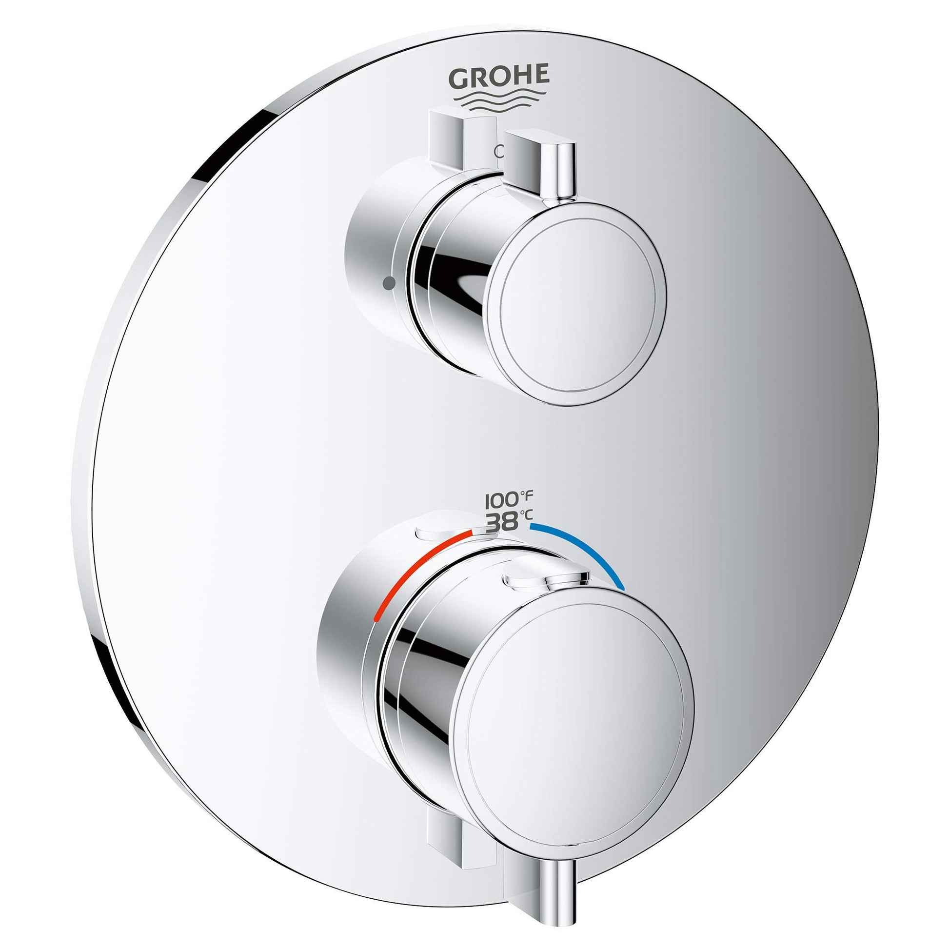 Grohe Grohtherm chrome thermostatic valve trim with two round handles and temperature dial displaying Fahrenheit and Celsius.
