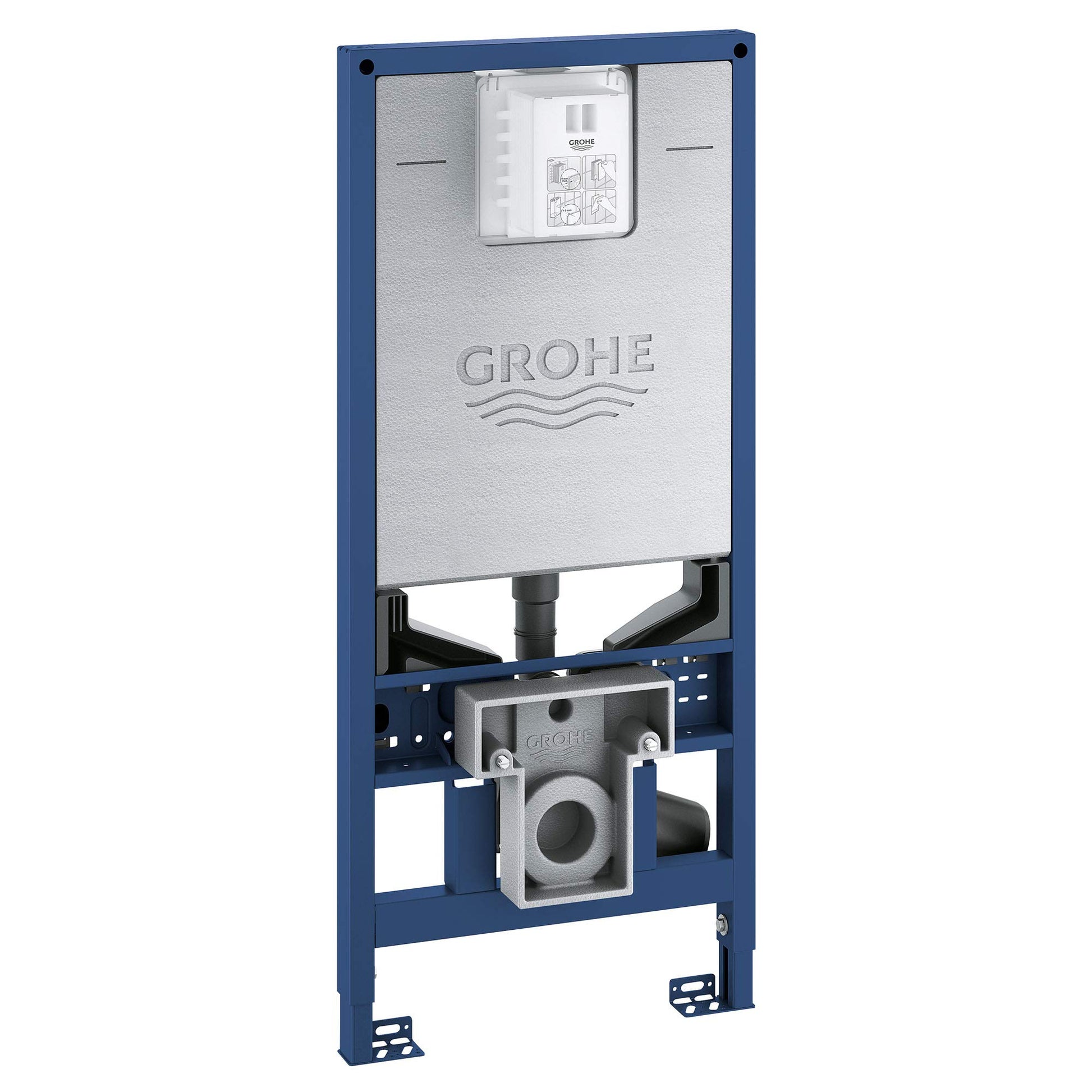 Grohe Rapid SLX in-wall carrier with blue steel frame, white cistern tank, and integrated flushing mechanism for toilet insta