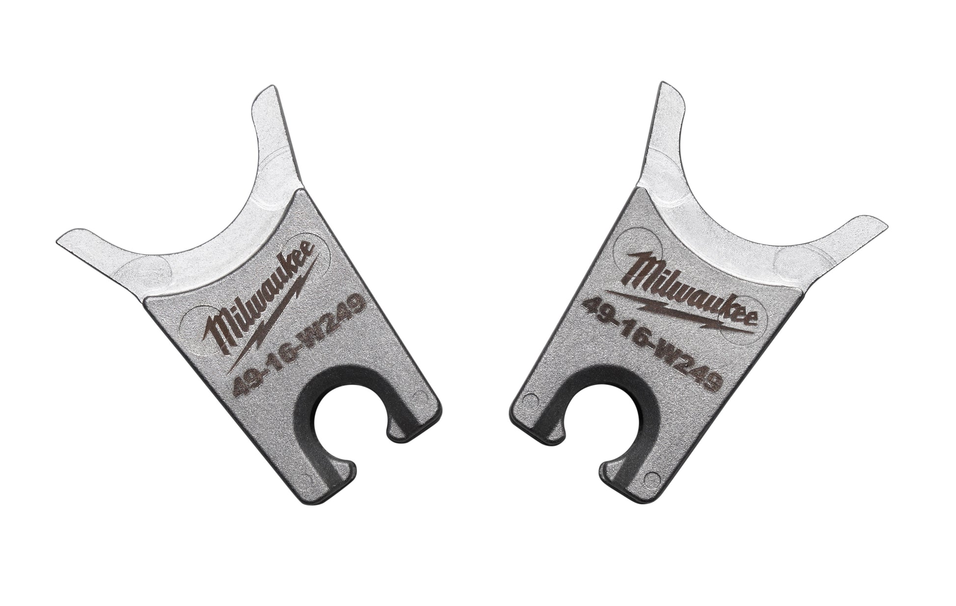 Milwaukee 49-16-W249 W-style dies with curved prongs and center circular openings.