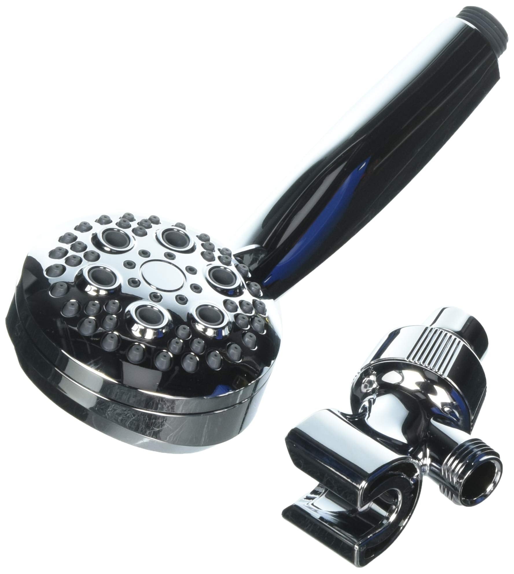 Black and chrome shower head with multiple spray settings and detachable hand shower with blue accent stripe.