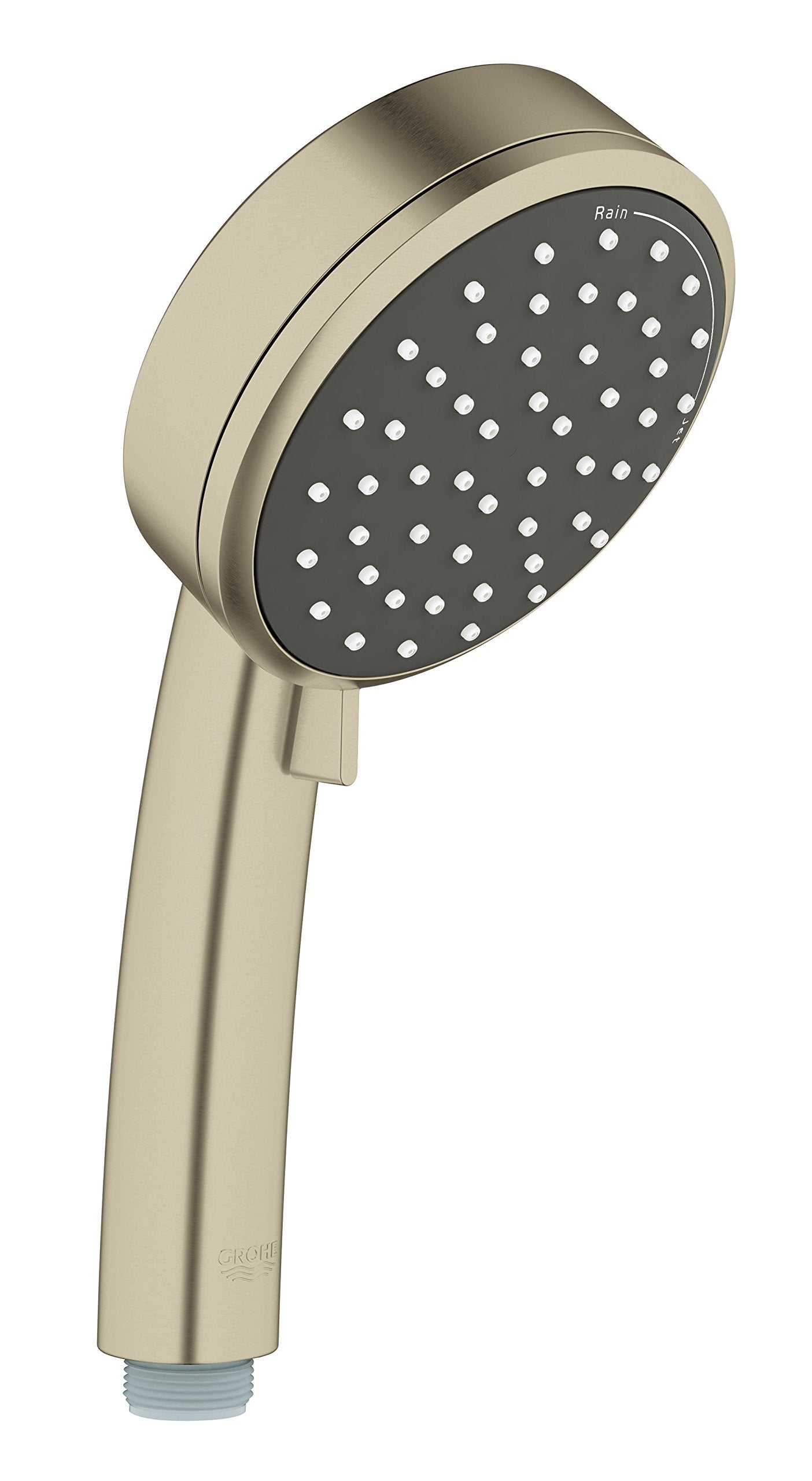 Brushed nickel hand shower with round dark gray face plate and multiple spray holes, mounted on angled handle.