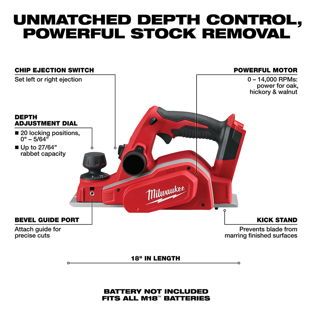 Milwaukee M18 cordless planer with red housing, depth adjustment dial, chip ejection switch, and kick stand on white backgrou