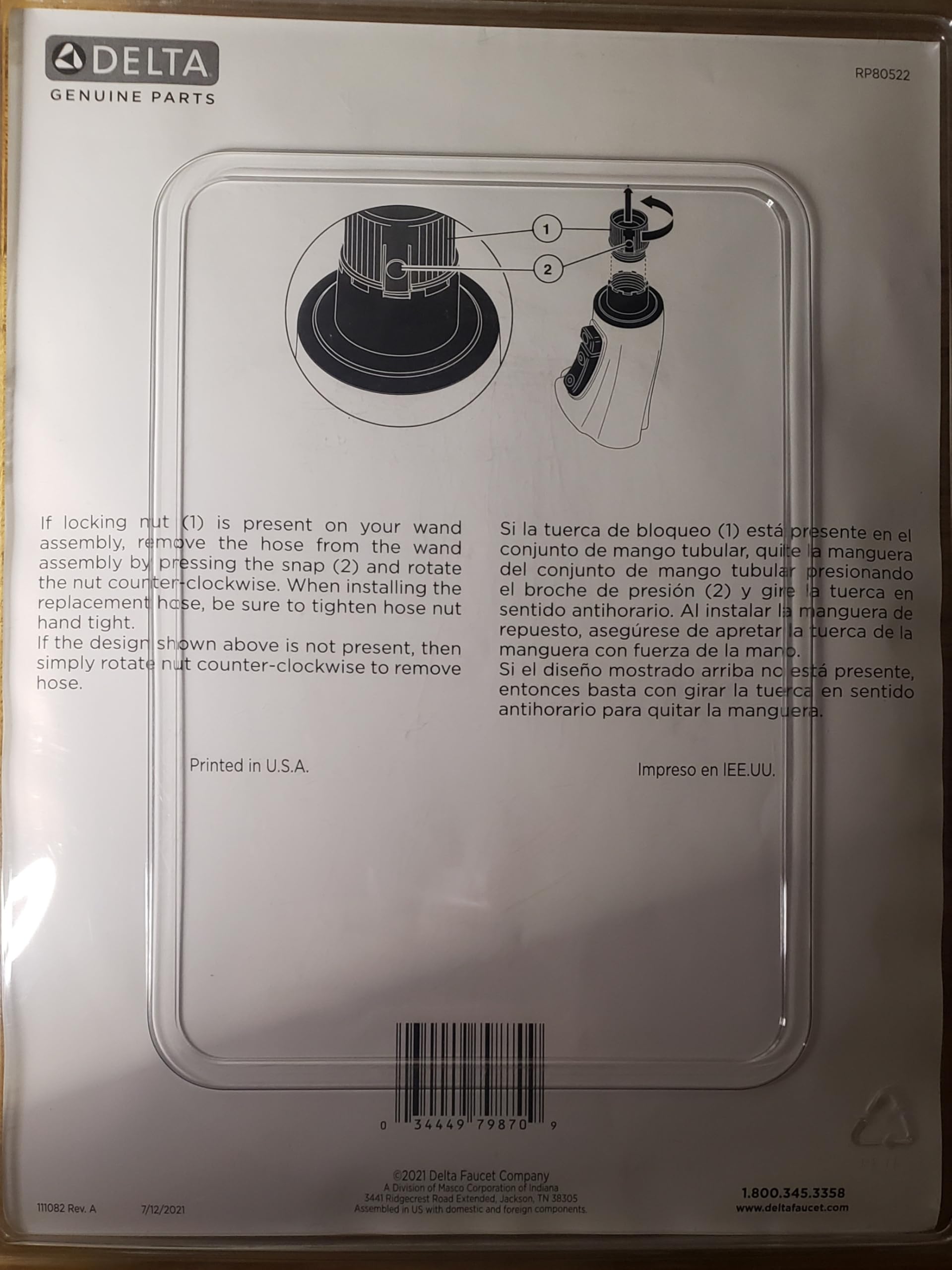 Delta RP80522 genuine parts instruction sheet with diagrams showing hose assembly components and installation directions.