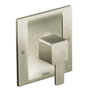 Brushed nickel single-handle shower valve trim with square escutcheon plate and cubic lever handle.