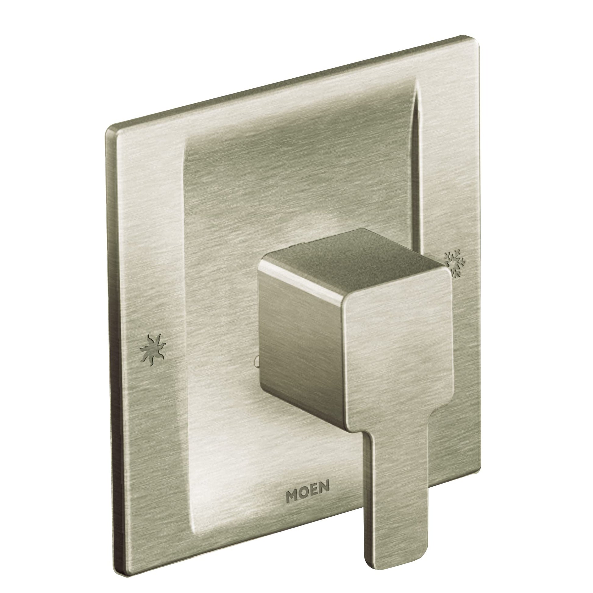 Brushed nickel single-handle shower valve trim with square escutcheon plate and cubic lever handle.