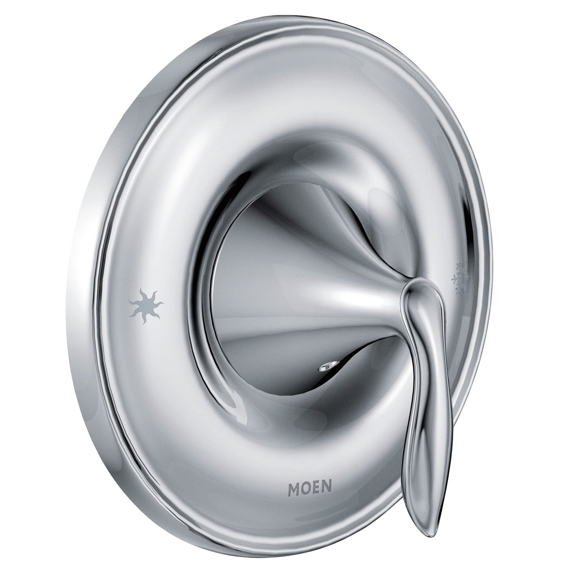 Chrome Moen Posi Temp valve trim kit with single lever handle and oval escutcheon plate.