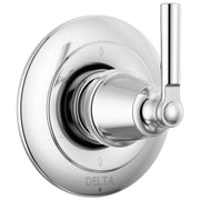 Chrome shower diverter trim with round escutcheon, lever handle, and central control knob for multi-setting water direction.