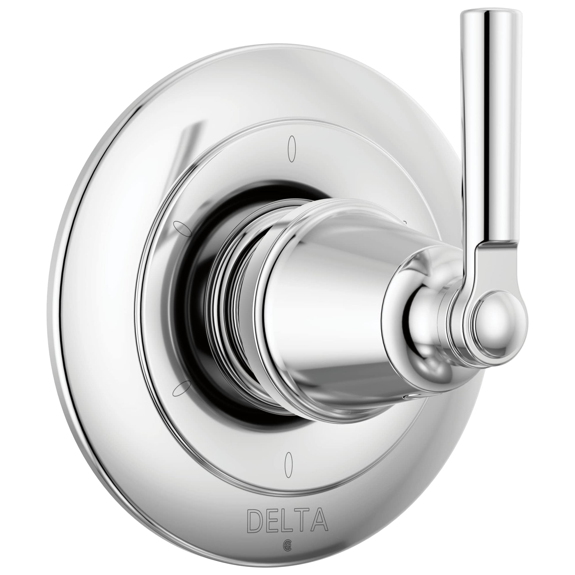 Chrome shower diverter trim with round escutcheon, lever handle, and central control knob for multi-setting water direction.