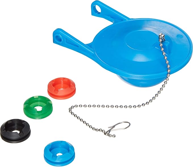 Blue toilet flapper kit with interchangeable red, green, black, and blue seals and metal chain.