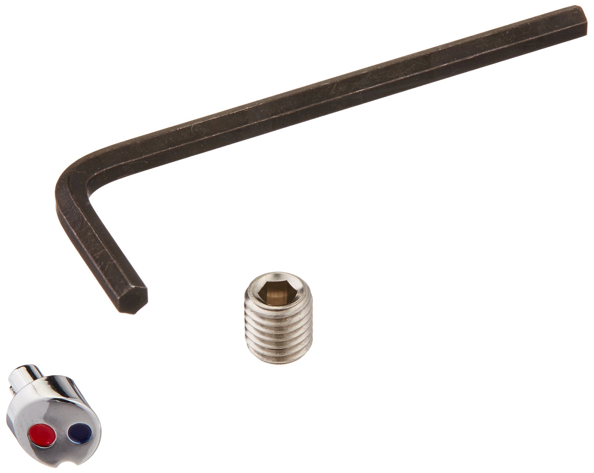 Chrome-finished handle set with hex wrench key, set screw, and red and blue button indicator.
