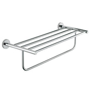Chrome multi-towel rack with four horizontal bars and lower towel rail, wall-mounted with circular end brackets.