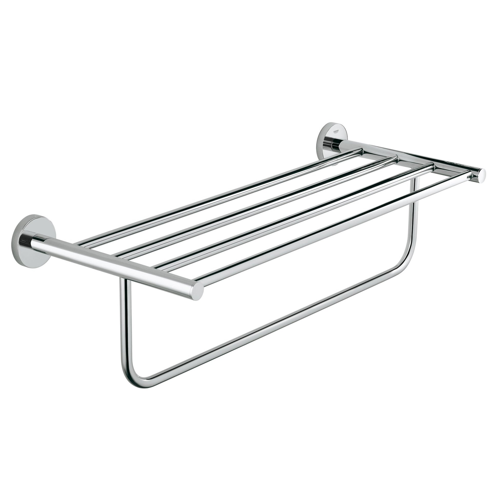 Chrome multi-towel rack with four horizontal bars and lower towel rail, wall-mounted with circular end brackets.