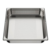 Stainless steel sink colander with perforated bottom and sides for draining.