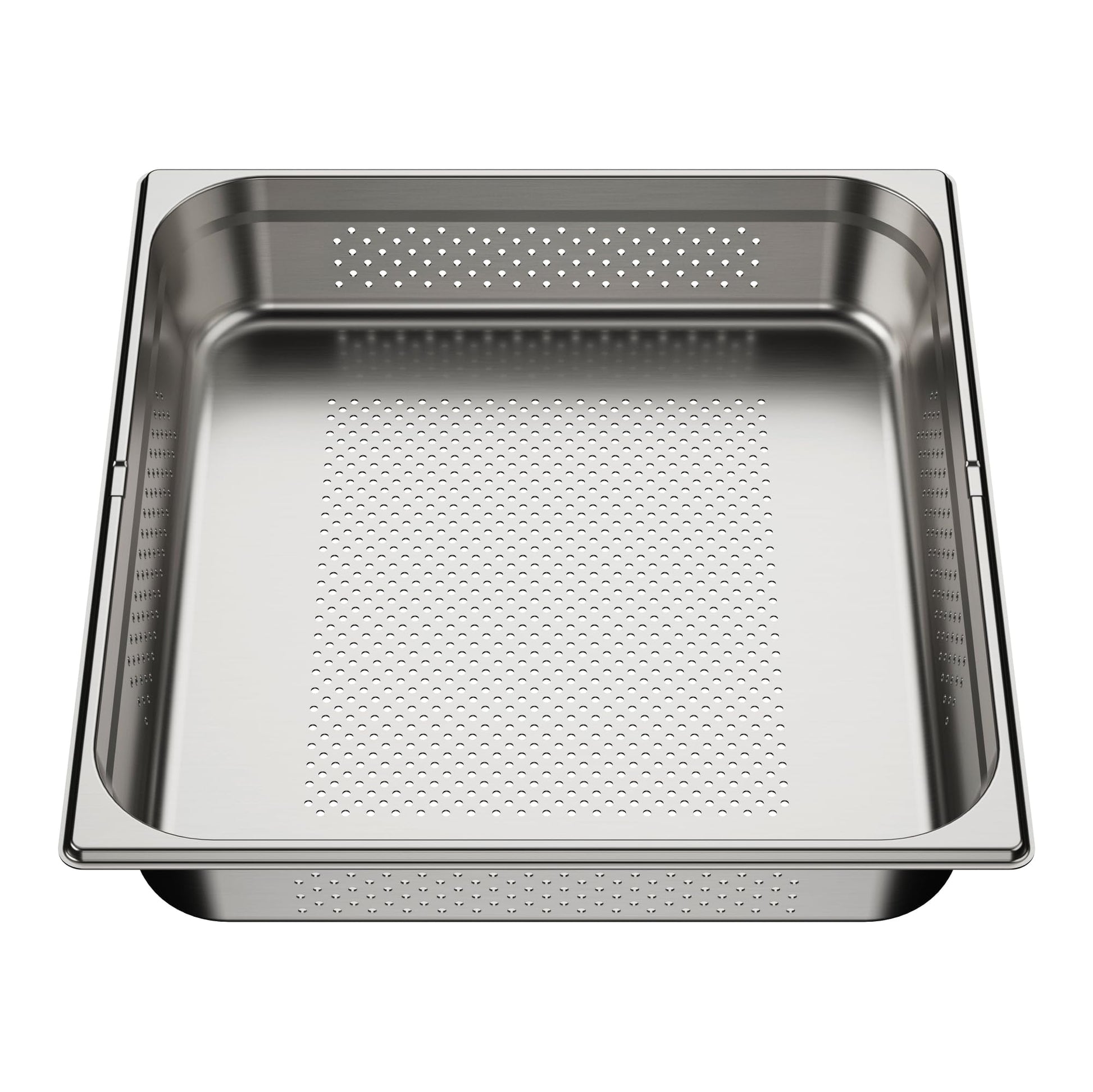 Stainless steel sink colander with perforated bottom and sides for draining.