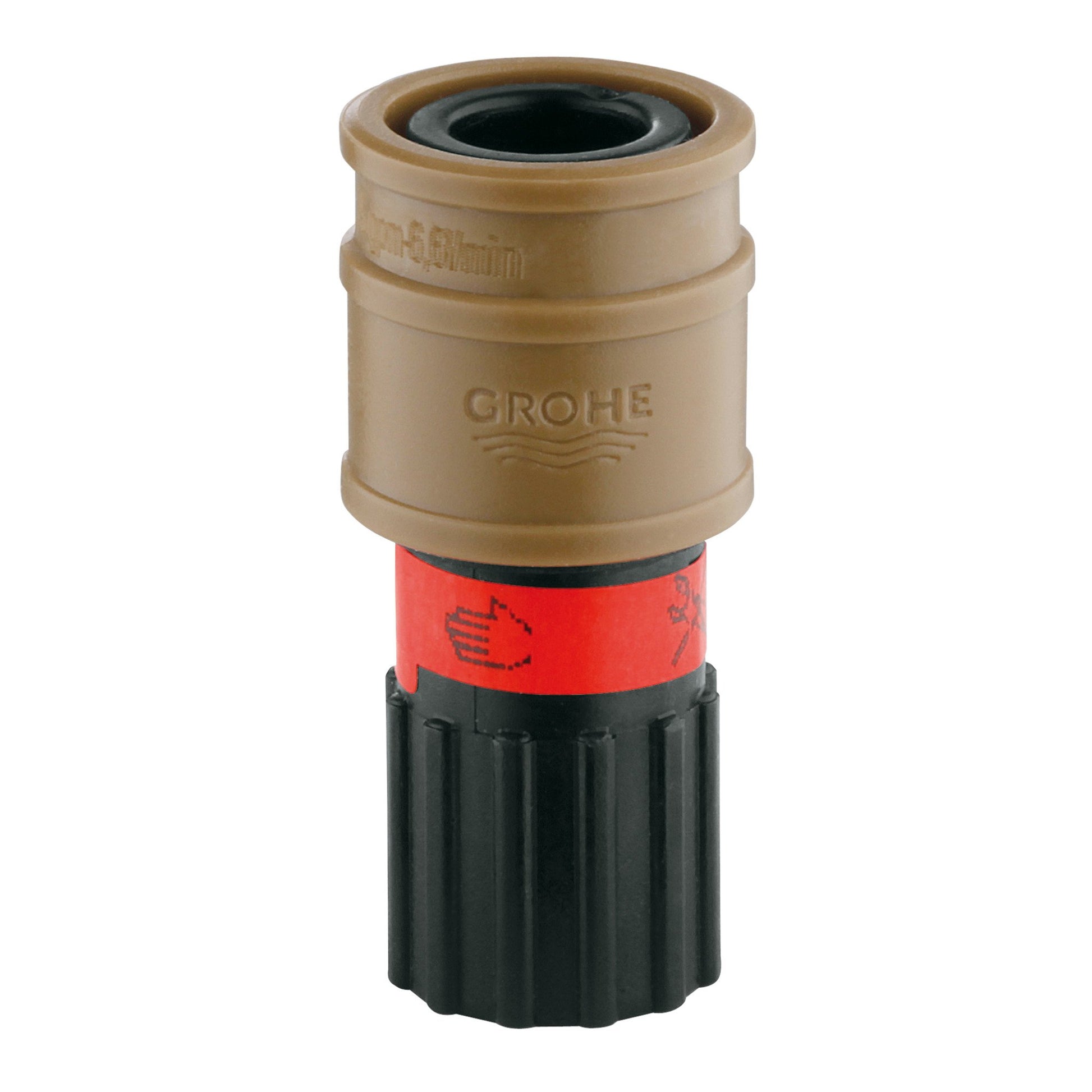 Grohe quick coupling part with tan cylindrical body, red band, and black ribbed connector base.