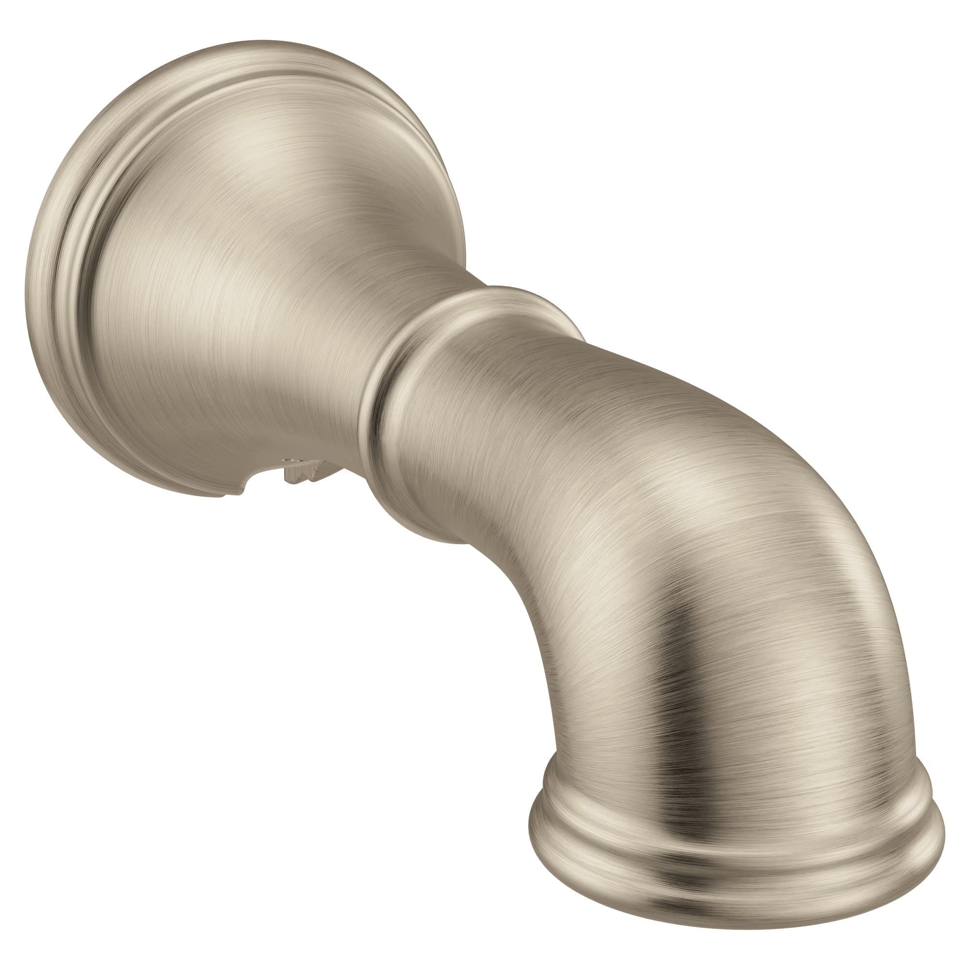 Brushed nickel curved tub spout with slip fit connection and decorative flange collar.