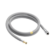 Gray braided faucet hose with metal connectors and yellow band marking on coiled tubing.