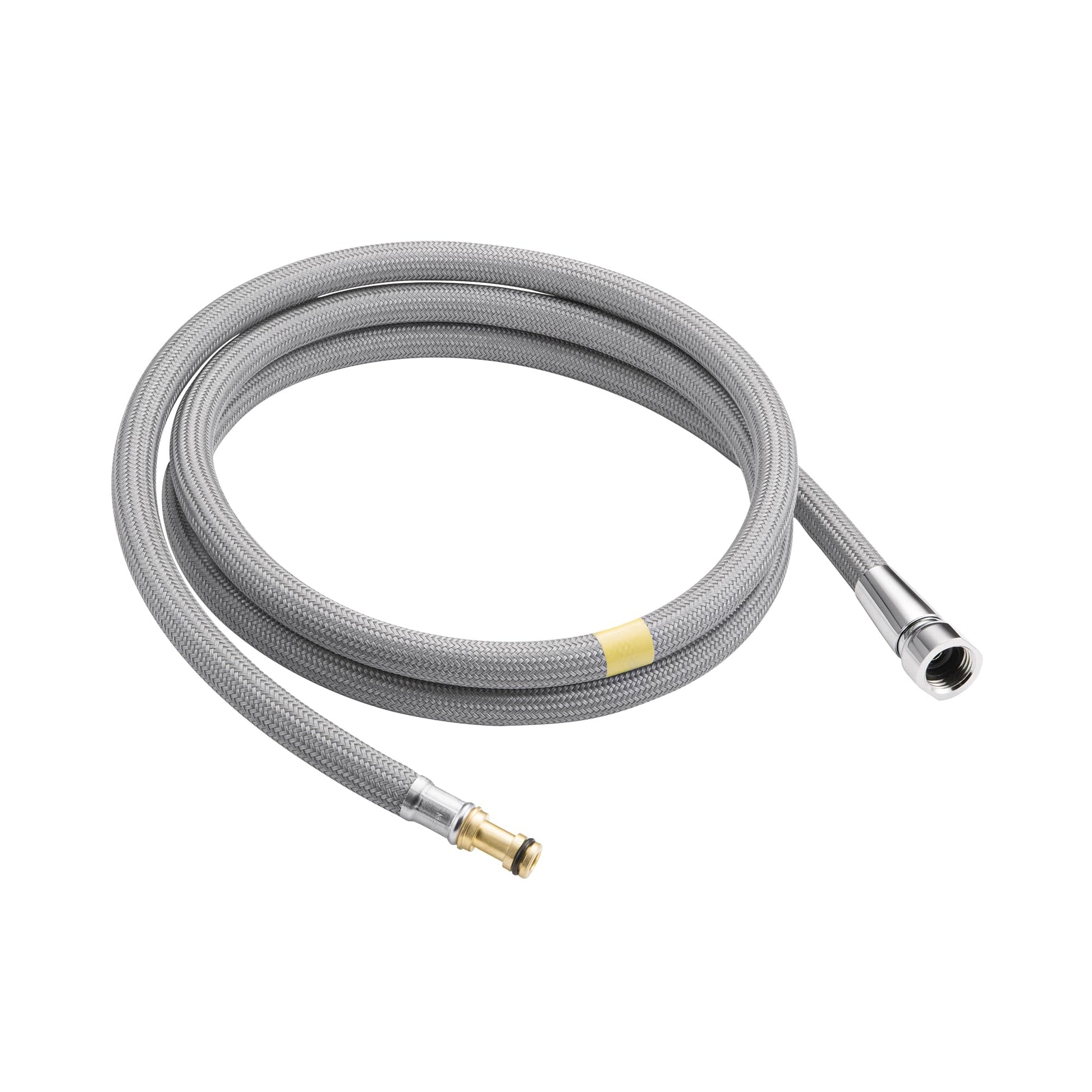 Gray braided faucet hose with metal connectors and yellow band marking on coiled tubing.