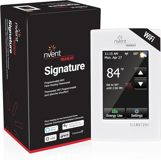 Nuheat Signature WiFi thermostat with touchscreen displaying 84°F, next to black product box.