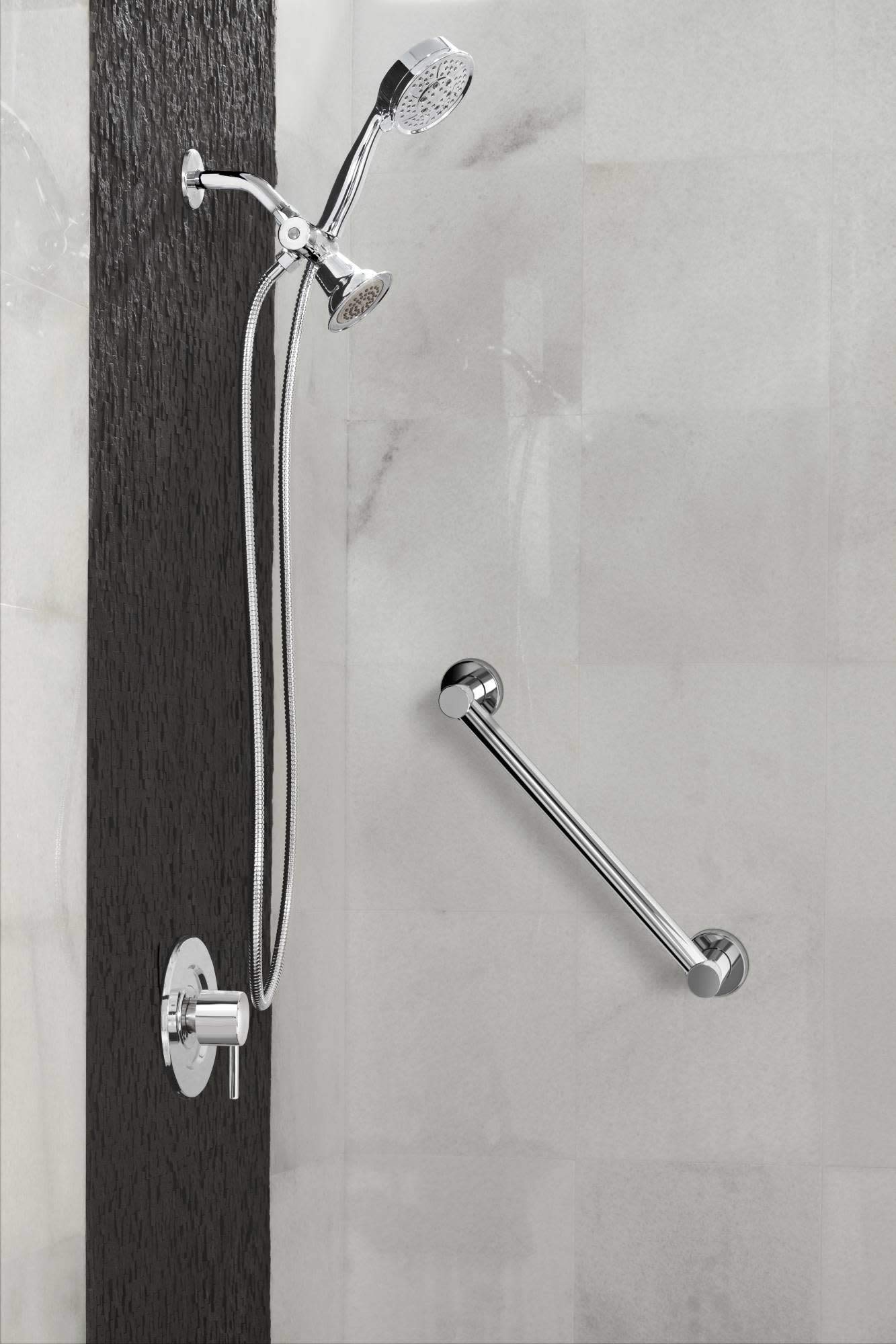 Brushed stainless steel 24-inch shower grab bar mounted horizontally on tiled wall next to showerhead and controls.