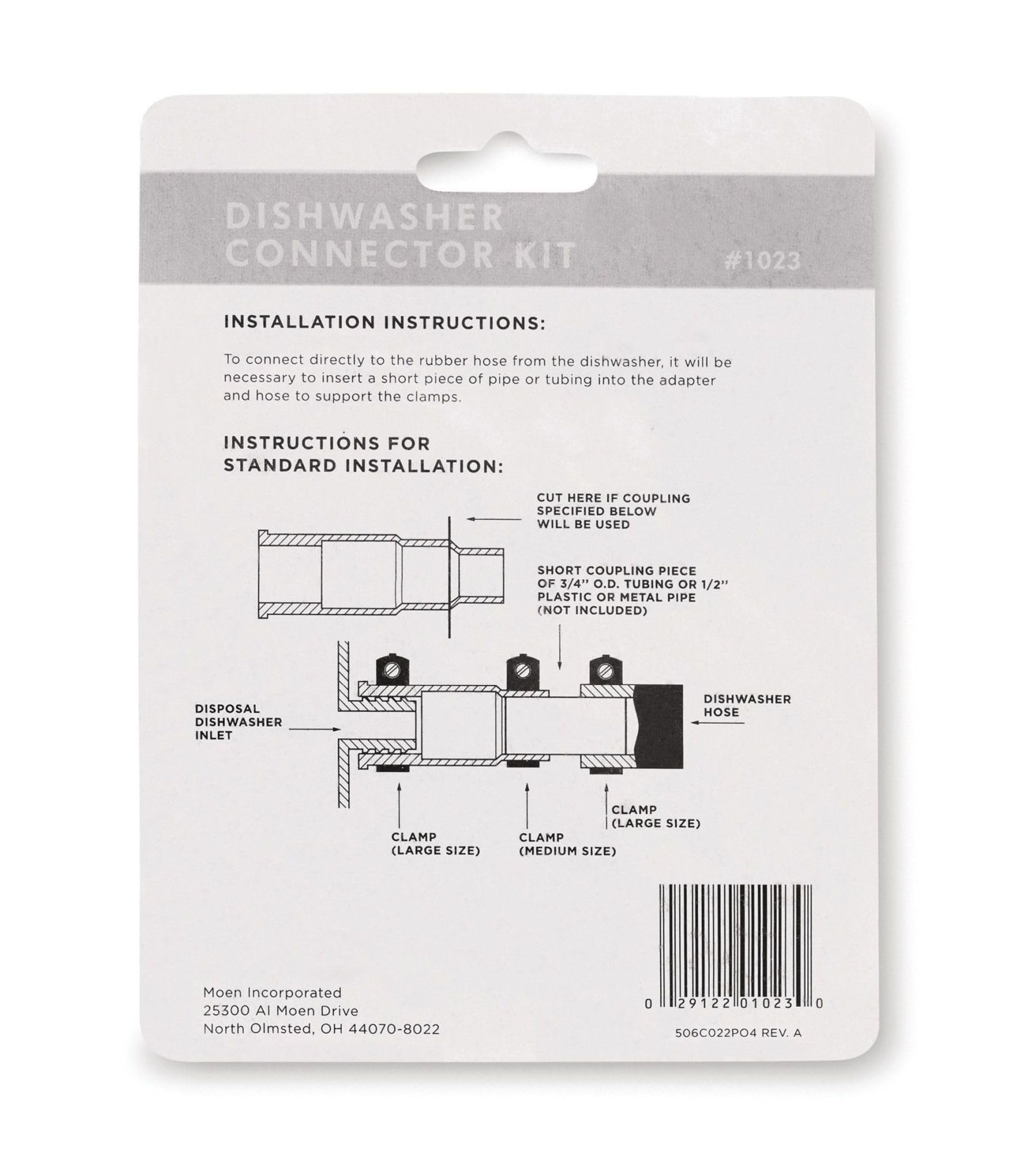Moen Dishwasher Disposal Connector Kit #1023 packaging with installation instructions and diagram showing clamps and hose con