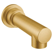 Brushed gold tub spout with cylindrical outlet and circular wall flange.