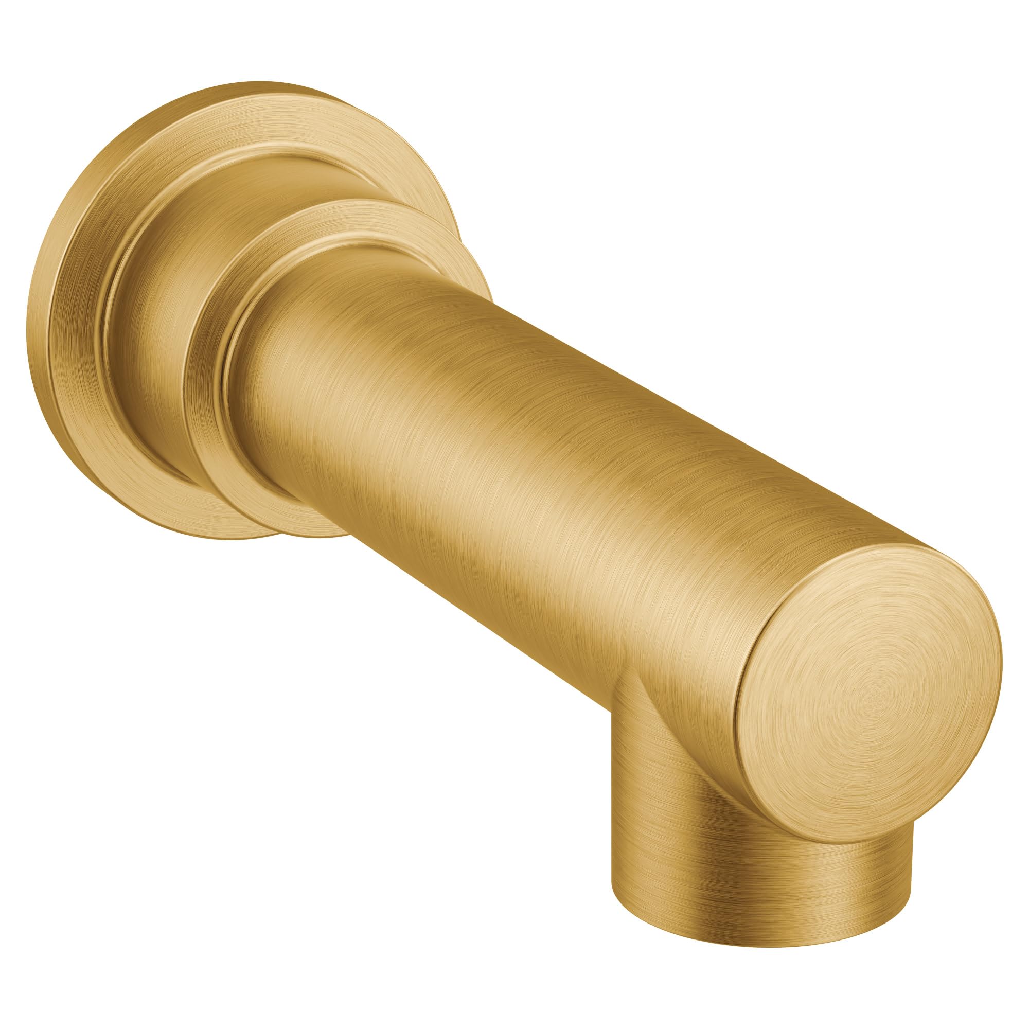 Brushed gold tub spout with cylindrical outlet and circular wall flange.