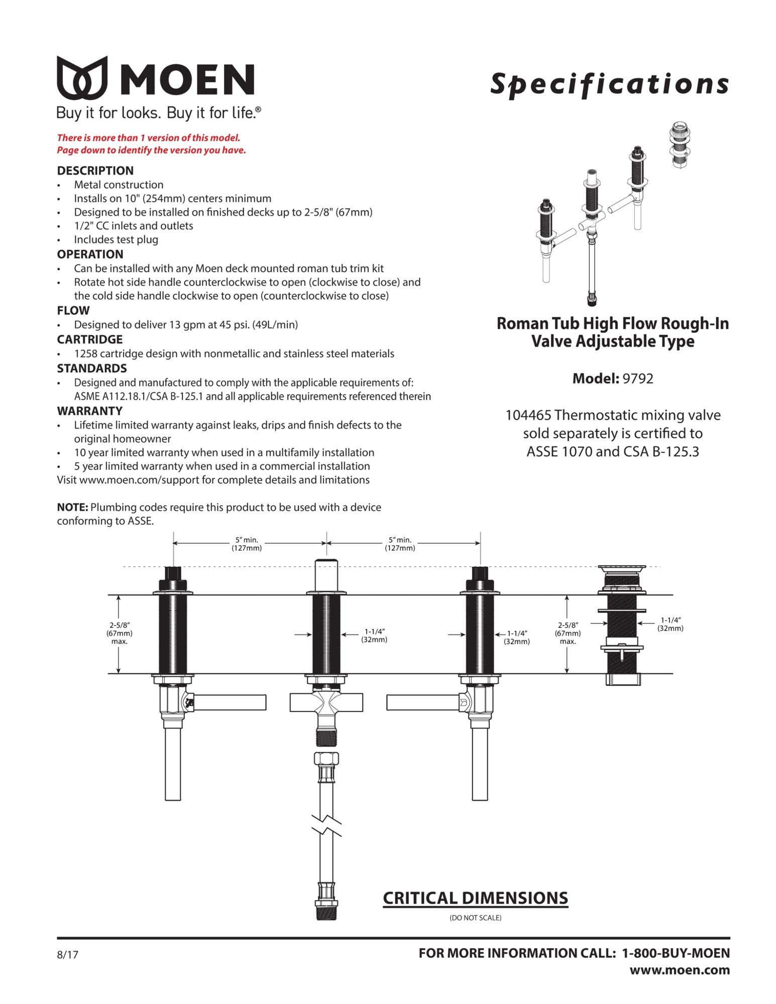 Moen model 9792 two-handle roman tub valve with shower diverter, showing internal components and dimensional specifications.
