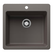 Volcano gray single bowl kitchen sink with chrome drain fitting and rounded corners, viewed from above.