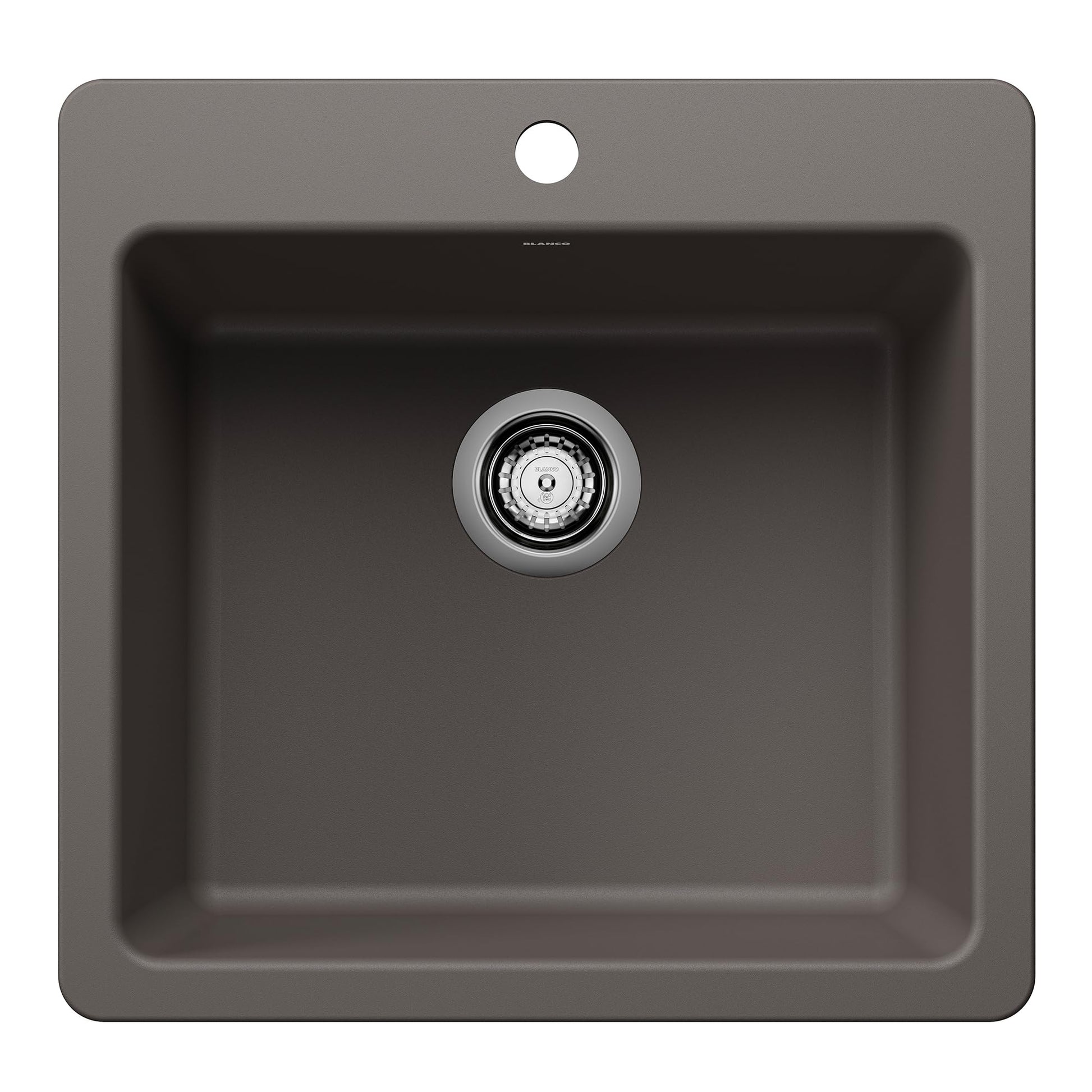 Volcano gray single bowl kitchen sink with chrome drain fitting and rounded corners, viewed from above.